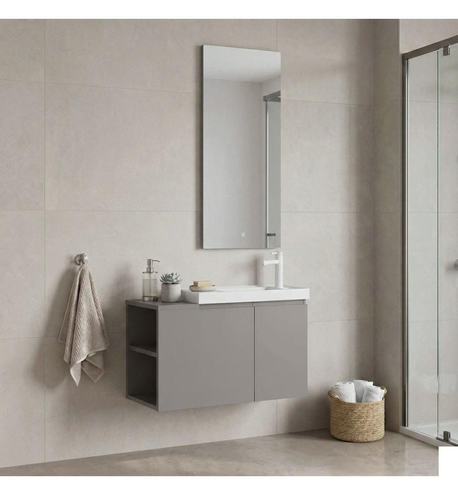 Ensemble meuble de salle de bain avec lavabo et miroir 2 pièces vison mat 100 % MDF PET mat