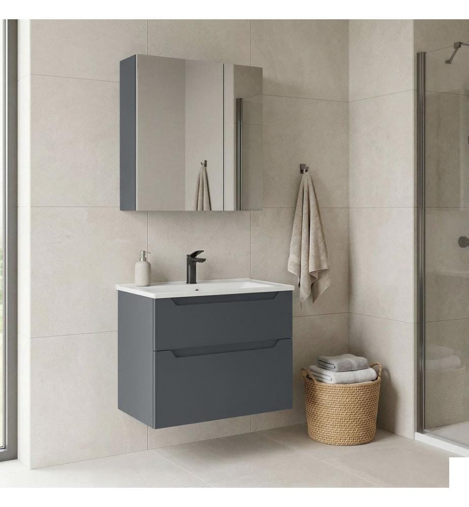 Ensemble meuble de salle de bain avec lavabo et miroir 2 pièces anthracite mat MDF 100 % thermomoulé