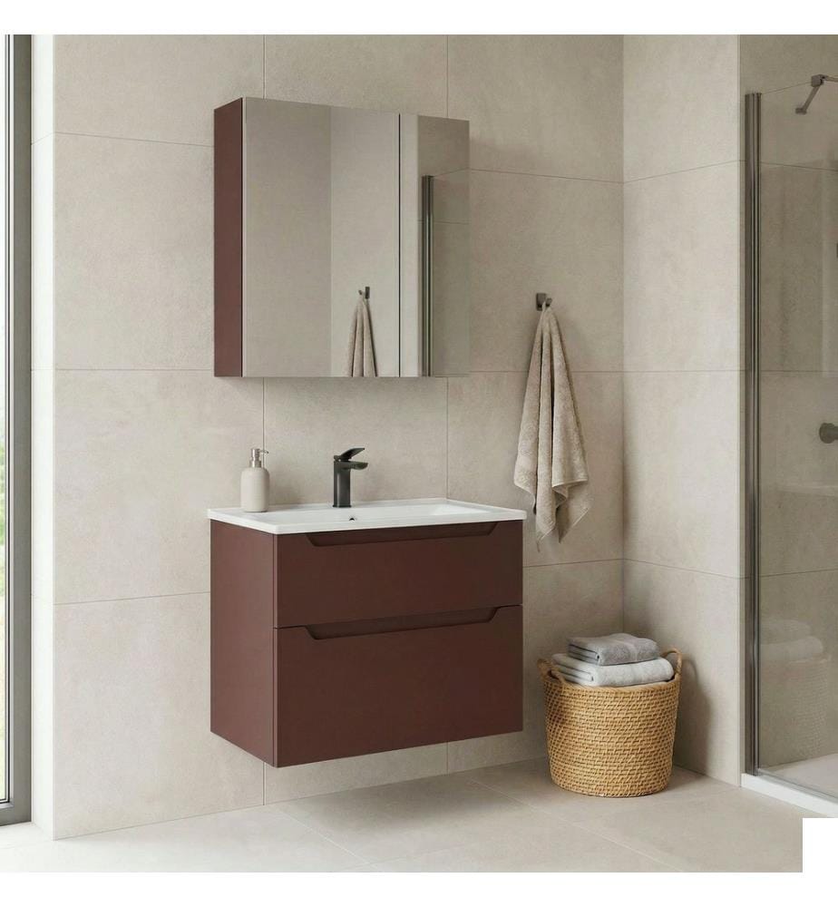 Ensemble meuble de salle de bain avec lavabo et miroir 2 pièces rouge mat 100 % MDF revêtu de thermomoulage