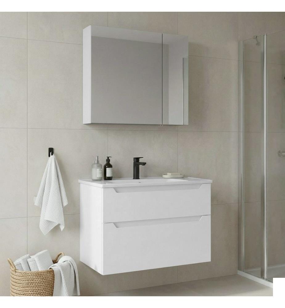 Ensemble meuble de salle de bain avec lavabo et miroir 2 pièces blanc mat 100 % MDF revêtu de thermoformage