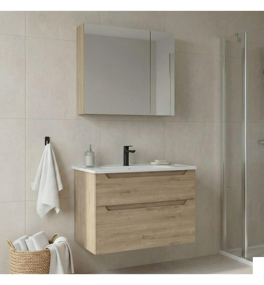 Ensemble meuble de salle de bain avec lavabo et miroir 2 pièces chêne MDF 100 % thermomoulé