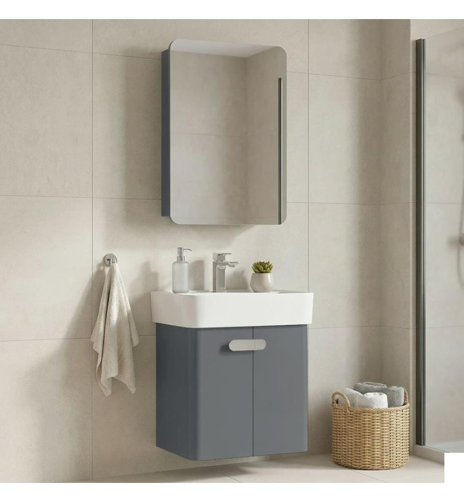 Ensemble meuble de salle de bain avec lavabo et miroir 2 pièces gris MDF laqué brillant