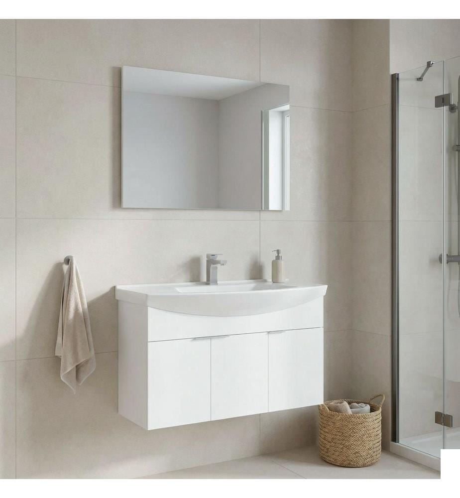 Ensemble meuble de salle de bain avec lavabo et miroir 2 pièces blanc panneau de particules 100 % recouvert de mélamine