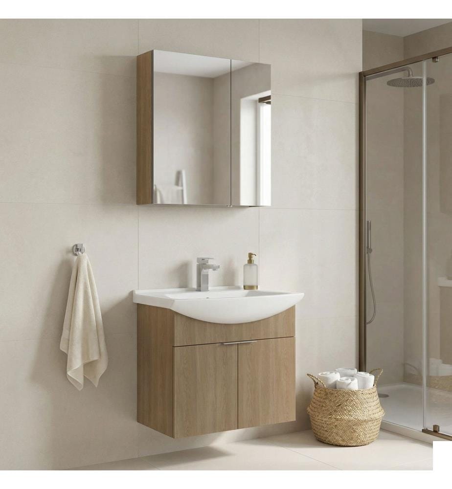 Ensemble meuble de salle de bain avec lavabo et miroir 2 pièces chêne panneau de particules 100 % recouvert de mélamine