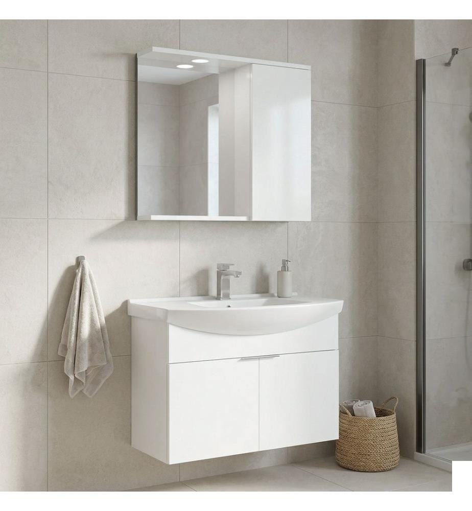 Ensemble meuble de salle de bain avec lavabo et miroir 2 pièces blanc panneau de particules 100 % recouvert de mélamine