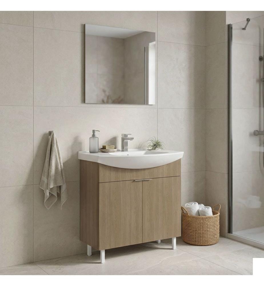 Ensemble meuble de salle de bain avec lavabo et miroir 2 pièces chêne panneau de particules 100 % recouvert de mélamine