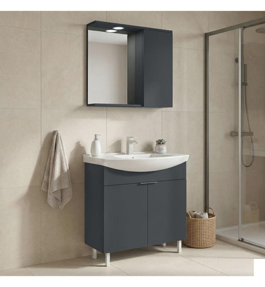 Ensemble meuble de salle de bain avec lavabo et miroir 2 pièces anthracite mat panneau de particules 100 % recouvert de mélamine