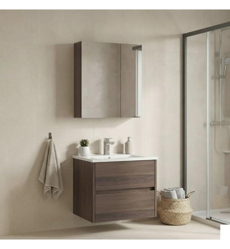 Ensemble meuble de salle de bain avec lavabo et miroir 2 pièces noyer panneau de particules 100 % recouvert de mélamine