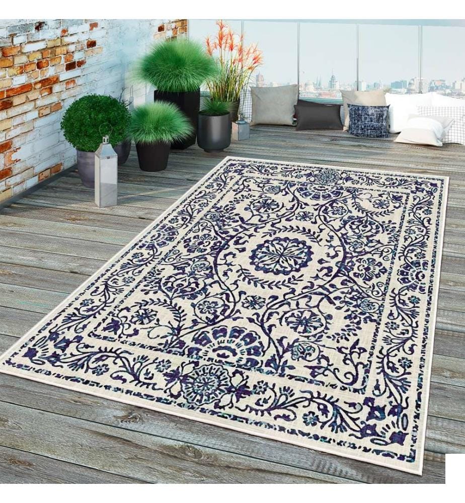 Tapis, crème, bleu marine, 70% coton - 30% chenille, 160 x 230 cm