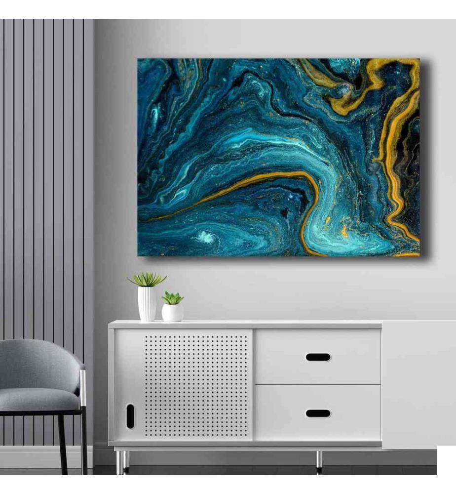 Peinture décorative sur toile, bleu, bleu marine, or, 100% toile, cadre en bois de pin