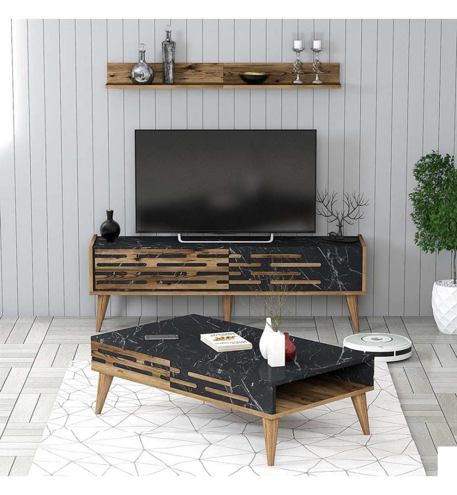 Ensemble de meubles de salon, noyer, noir, marbre, panneau de particules mélaminé