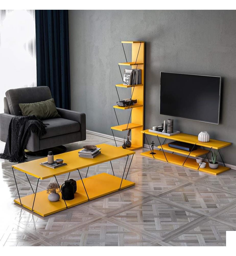 Ensemble de meubles de salon, Yellow, noir, panneau de particules mélaminé, châssis : Métal
