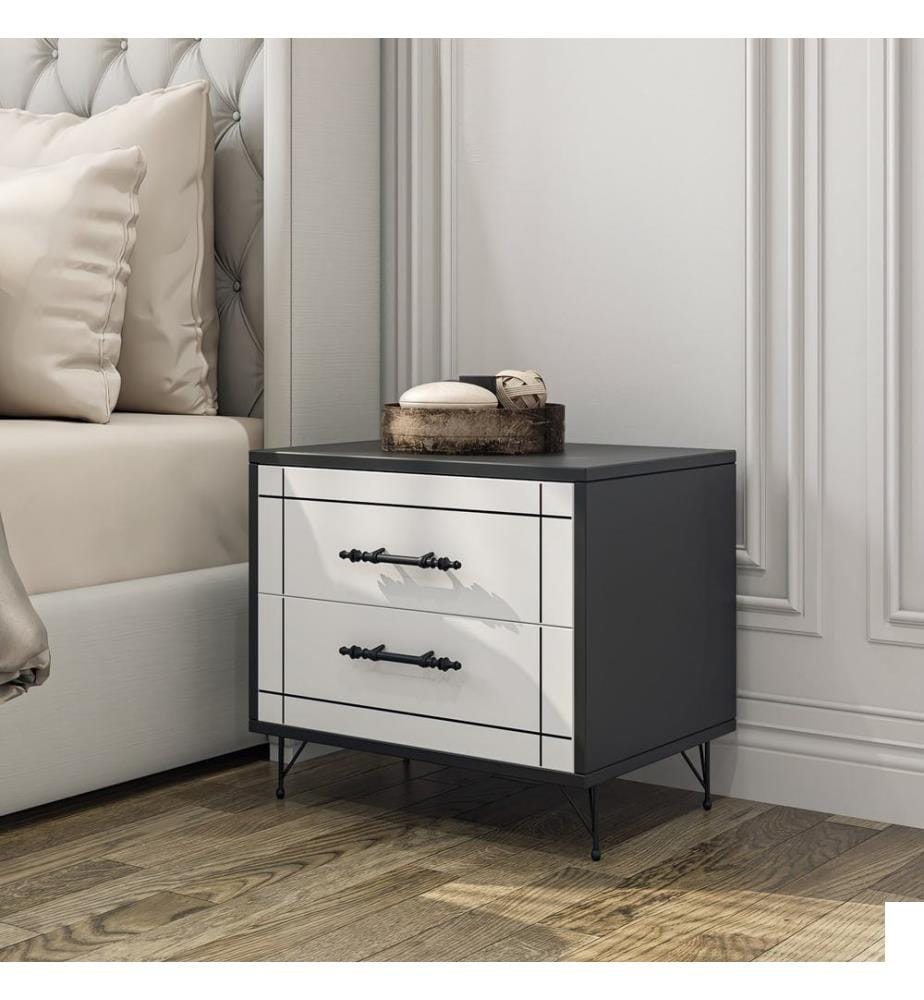 Table de nuit, Blanc, Noir, Panneau de particules mélaminé, Pieds en métal