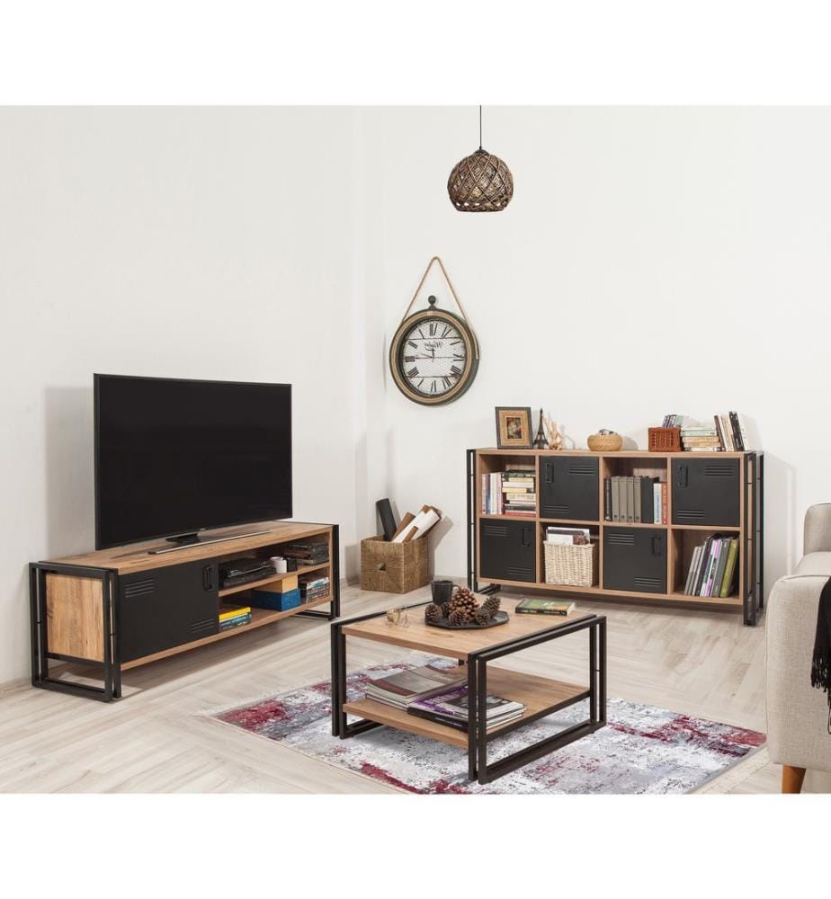 Ensemble de meubles de salon, pin atlantique, noir, panneau de particules mélaminé