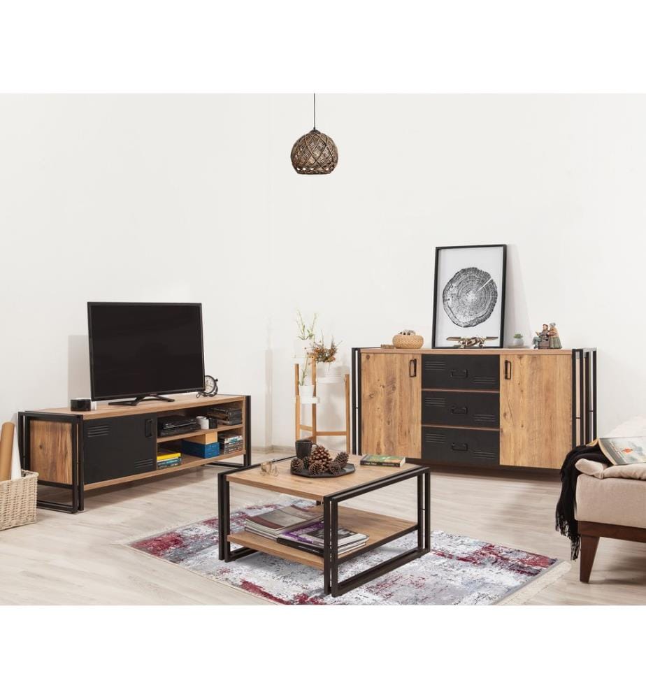 Ensemble de meubles de salon, pin atlantique, noir, panneau de particules mélaminé