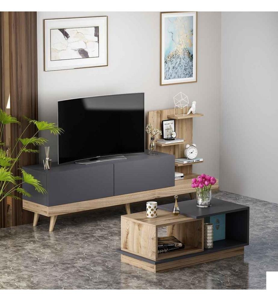 Ensemble de meubles de salon, anthracite, noyer, panneaux de particules mélaminés