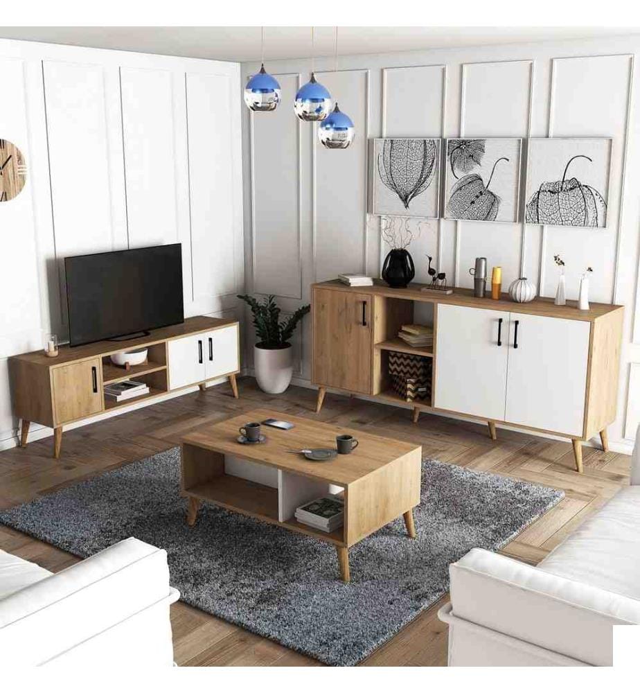 Ensemble de meubles de salon, chêne, blanc, panneaux de particules mélaminés