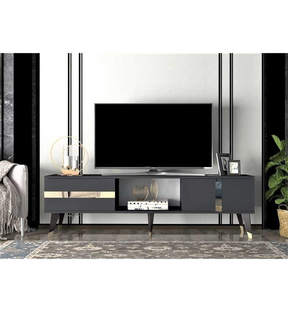 Meuble TV, Anthracite, Or, panneau de particules mélaminé
