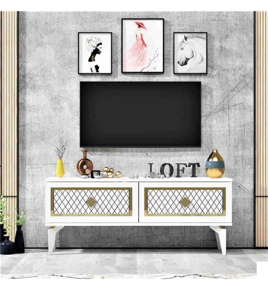 Meuble TV, blanc, or, panneau de particules mélaminé
