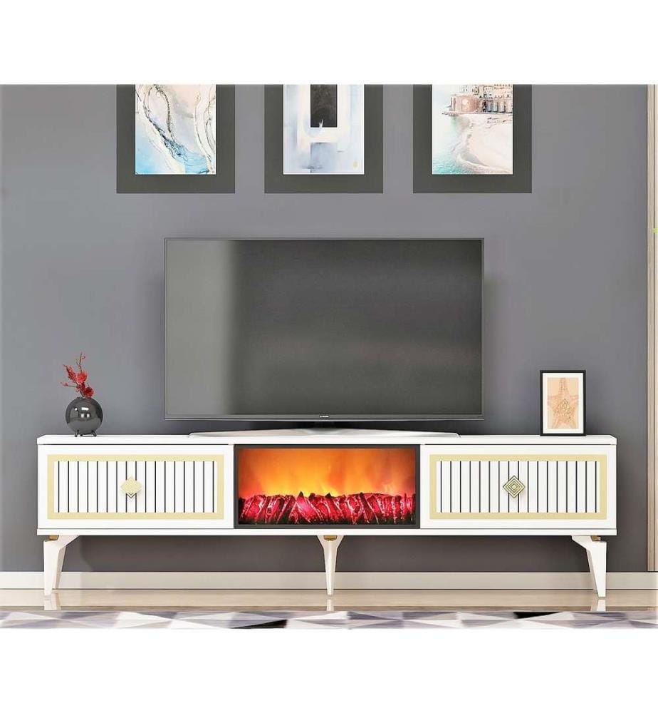 Meuble TV, blanc, or, panneau de particules mélaminé