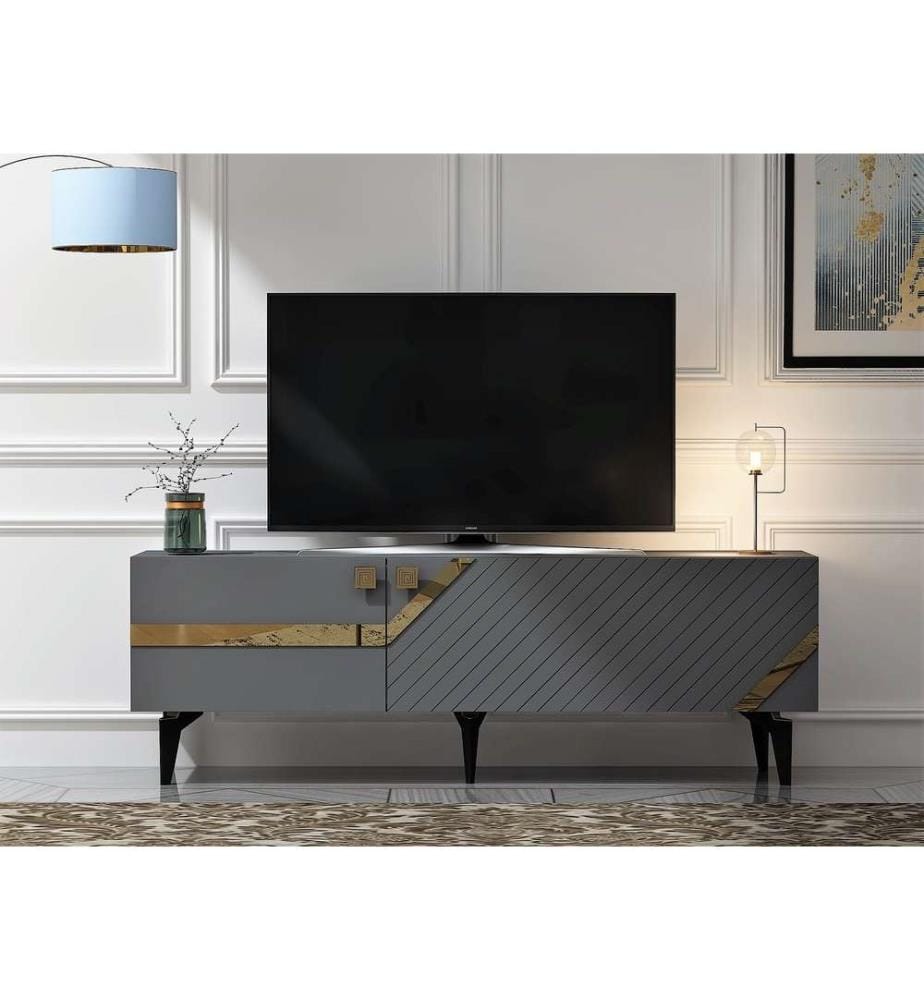 Meuble TV, Anthracite, Or, Panneau de particules 100% mélaminé