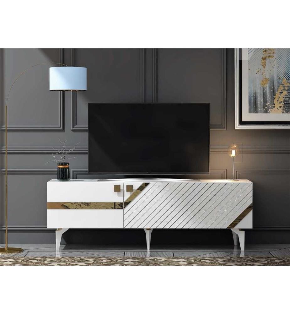 Meuble TV, blanc, or, panneau de particules 100% mélaminé