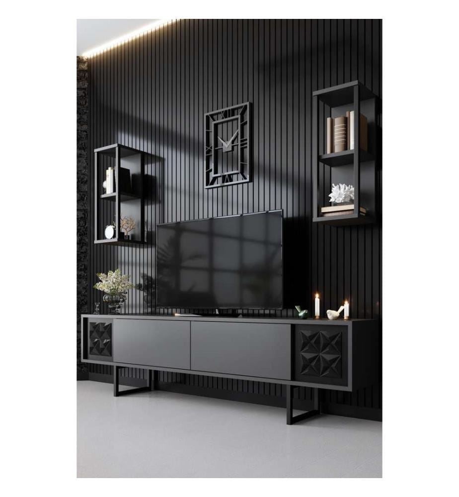 Meuble TV, Anthracite, Noir, Panneau de particules mélaminé, Pieds en métal