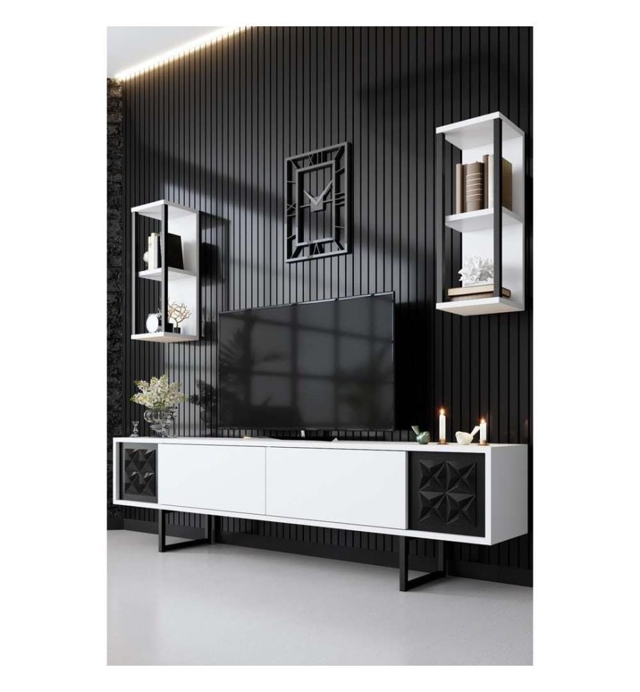 Meuble TV, blanc, noir, panneau de particules mélaminé, pieds en métal