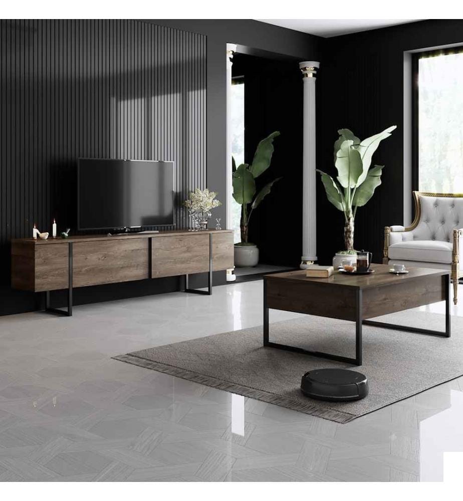 Ensemble de meubles de salon, noyer, noir, panneaux de particules mélaminés