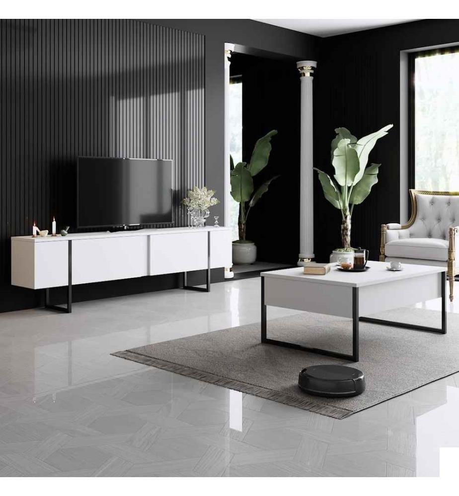 Ensemble de meubles de salon, blanc, noir, panneaux de particules mélaminés