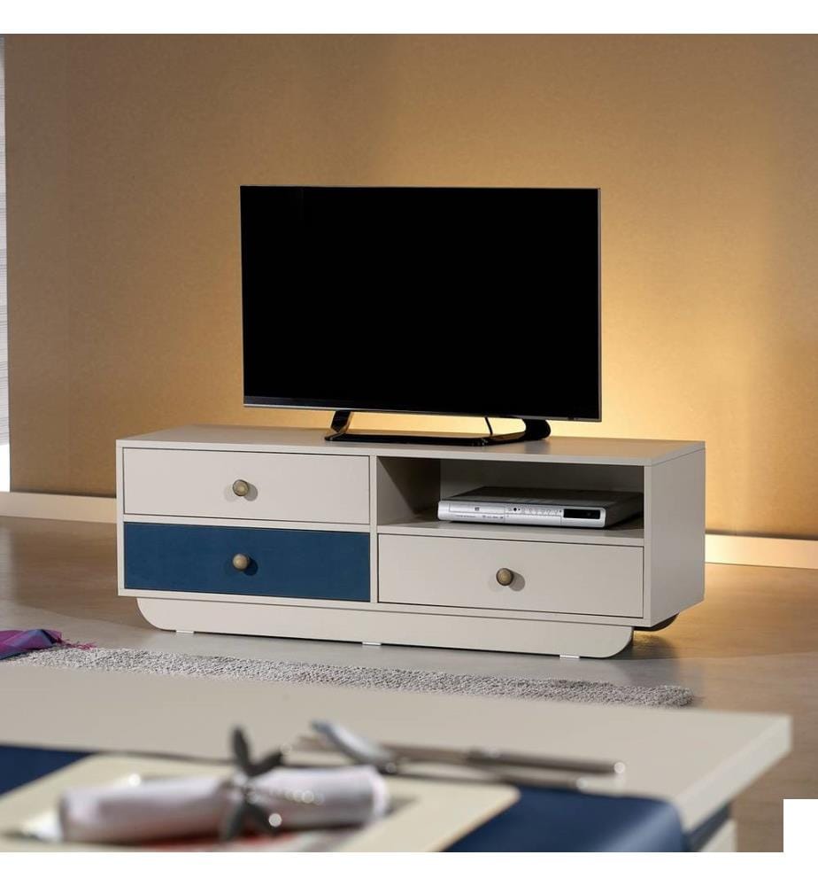 Meuble TV, blanc, bleu, panneau de particules mélaminé