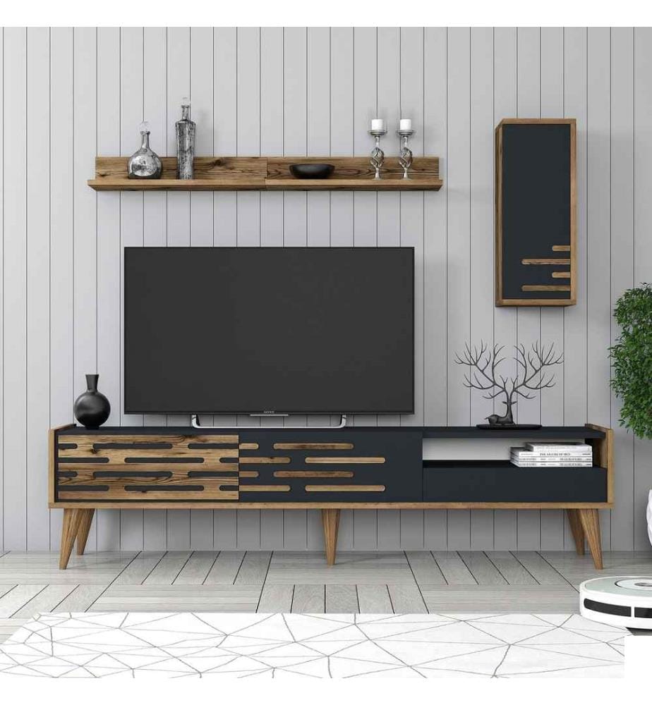Meuble TV, noyer, anthracite, panneau de particules mélaminé