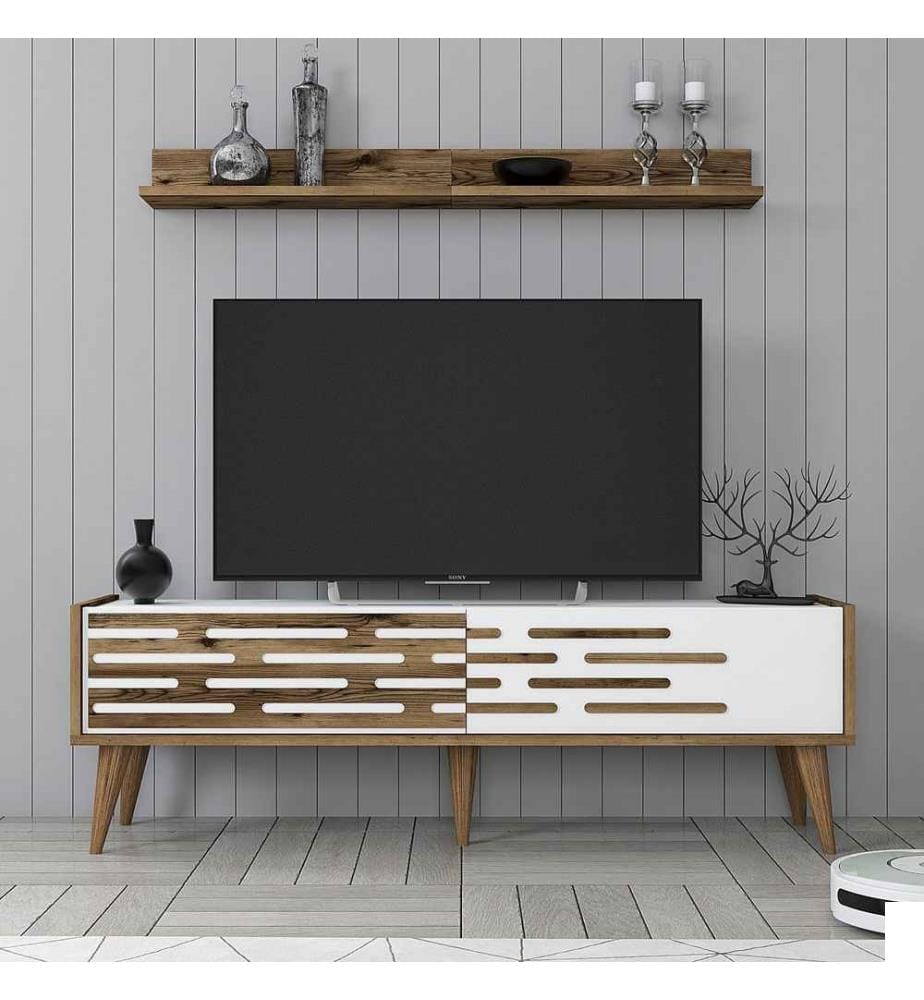 Meuble TV, noyer, blanc, panneau de particules mélaminé