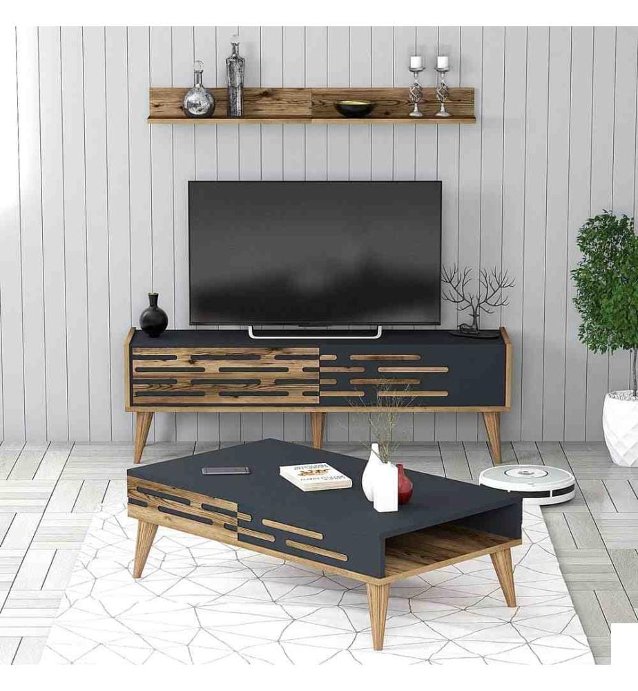 Ensemble de meubles de salon, noyer, anthracite, panneau de particules mélaminé