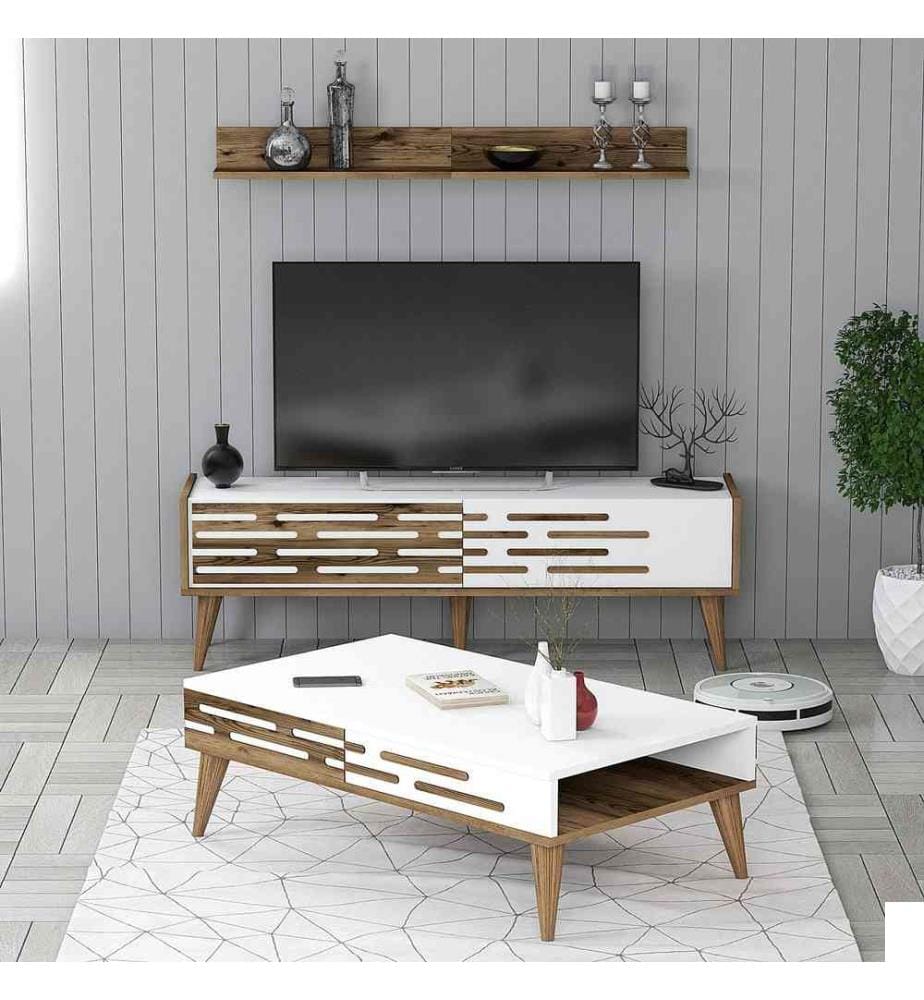 Ensemble de meubles de salon, noyer, blanc, panneaux de particules mélaminés