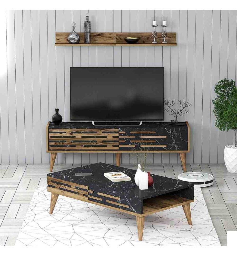 Ensemble de meubles de salon, noyer, noir, marbre, panneaux de particules mélaminés