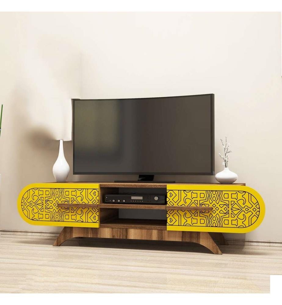 Meuble TV, noyer, jaune, panneau de particules mélaminé