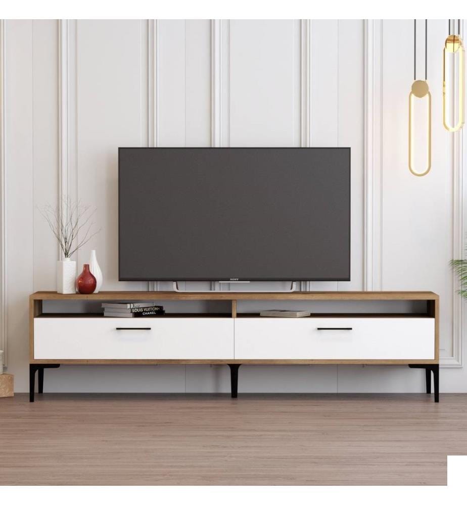 Meuble TV, noyer, blanc, panneau de particules mélaminé