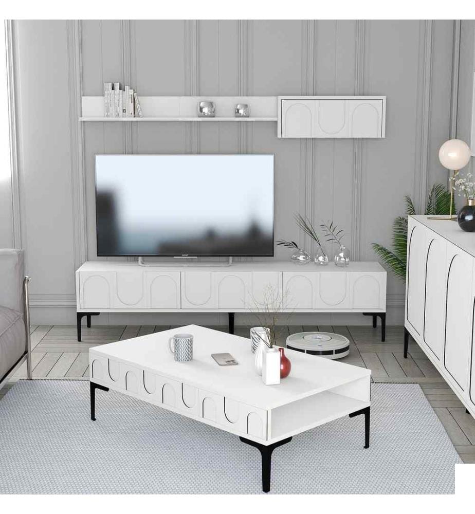 Ensemble de meubles de salon, blanc, noir, panneaux de particules 100% mélaminés