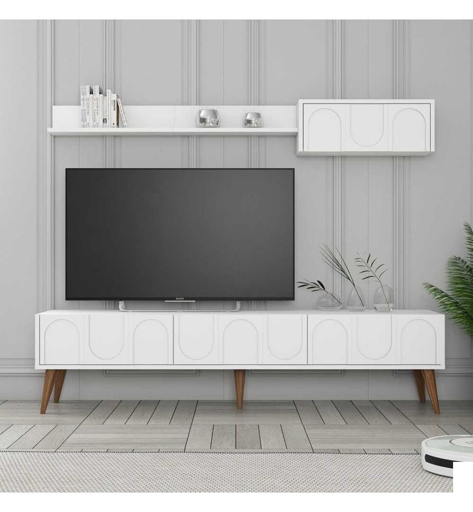 Meuble TV, blanc, noyer, panneau de particules 100% mélaminé