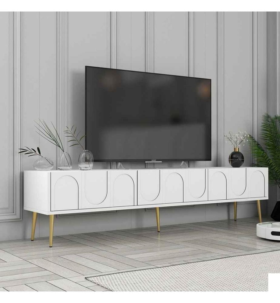 Meuble TV, blanc, or, panneau de particules 100% mélaminé