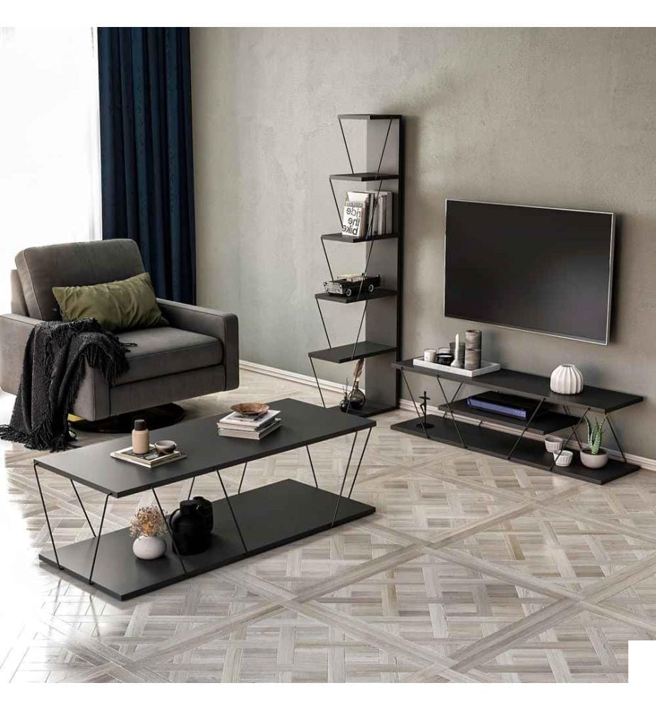 Ensemble de meubles de salon, anthracite, noir, panneau de particules mélaminé, cadre : Métal