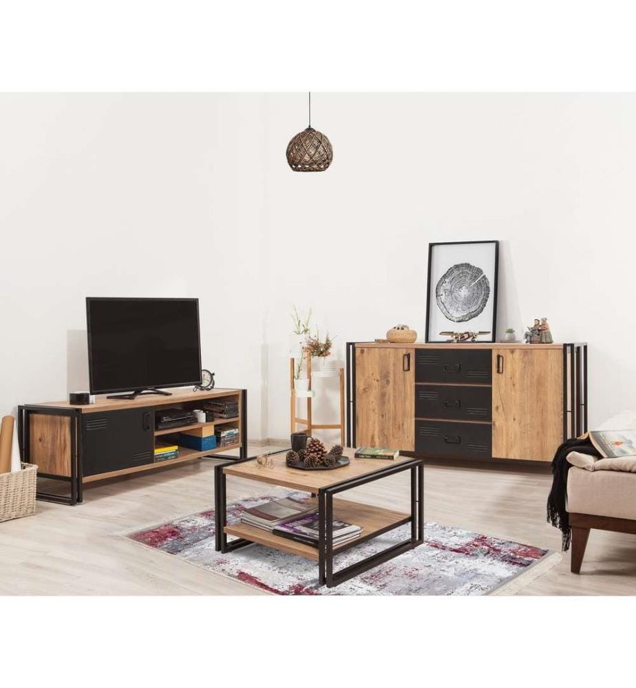 Ensemble de meubles de salon, pin atlantique, noir, panneau de particules mélaminé