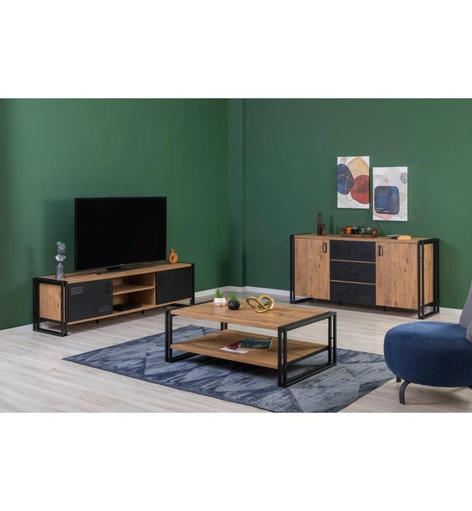 Ensemble de meubles de salon, pin atlantique, noir, panneau de particules mélaminé, pieds en métal