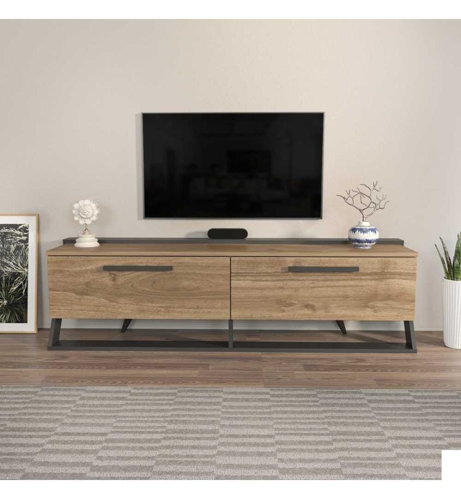 Meuble TV, noyer, noir, panneau de particules mélaminé