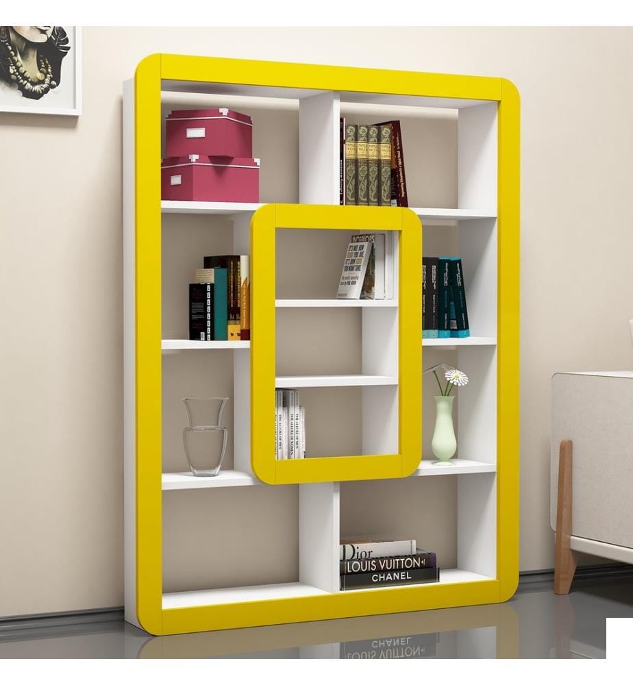 Blanc, Jaune, Étagères, 140X108.4X21,8 cm, Plaque De Particules À Revêtement En Mélamine
