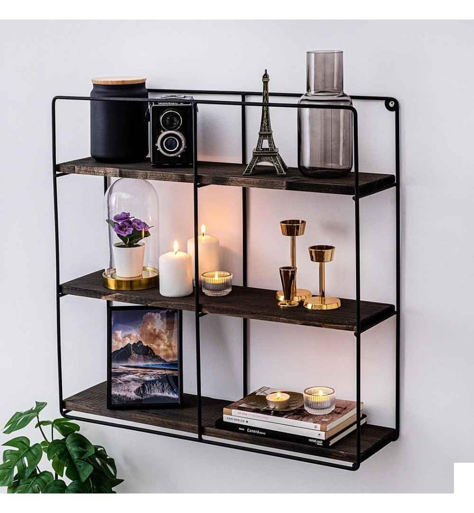 Etagère murale, Noir, Noyer, Bois d'épicéa, Cadre métallique