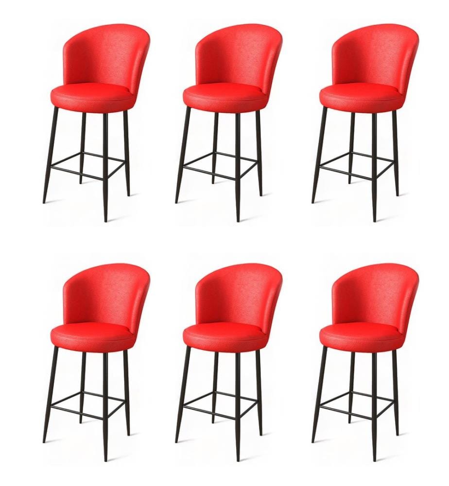 Ensemble de tabourets de bar, 6 pièces, rouge, noir, châssis : Métal, Tissu : Faux cuir