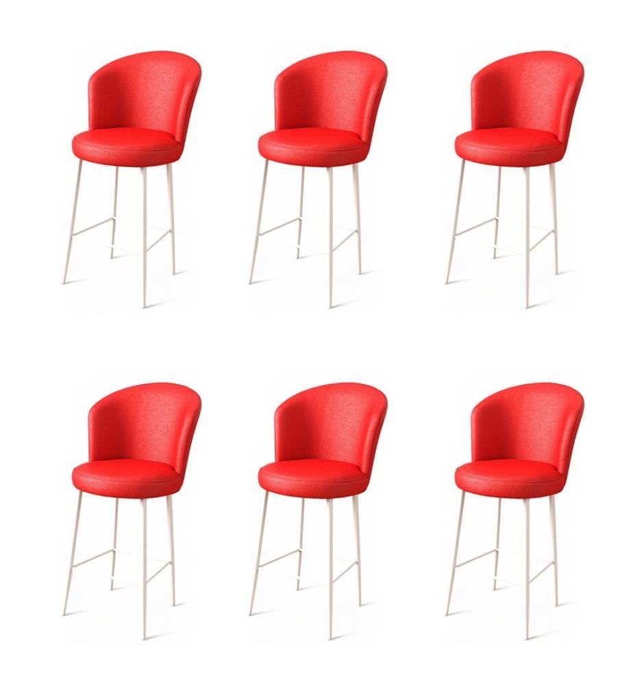 Ensemble de tabourets de bar, 6 pièces, rouge, blanc, châssis : Métal, Tissu : Faux cuir