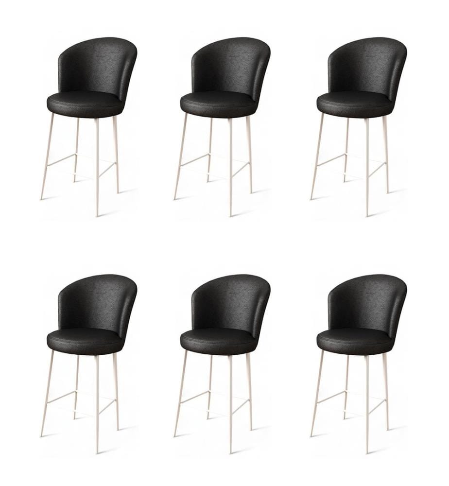 Ensemble de tabourets de bar, 6 pièces, noir, blanc, châssis : Métal, Tissu : Faux cuir